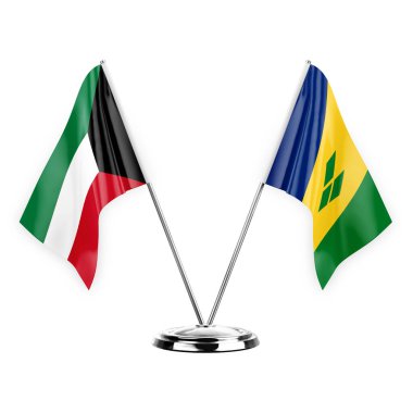 Two table flags isolated on white background 3d illustration, kuwait and saint vincent and the grenadines