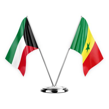 Two table flags isolated on white background 3d illustration, kuwait and senegal