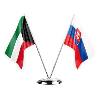 Two table flags isolated on white background 3d illustration, kuwait and slovakia