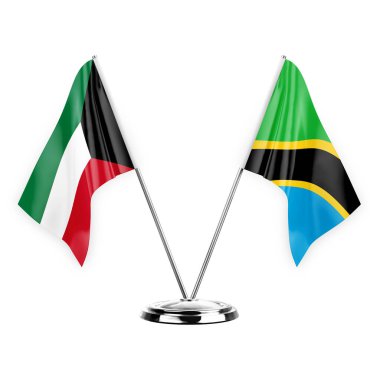 Two table flags isolated on white background 3d illustration, kuwait and tanzania