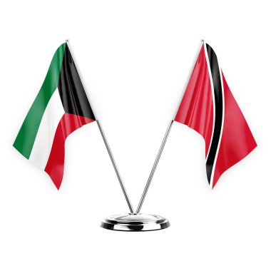 Two table flags isolated on white background 3d illustration, kuwait and tobago