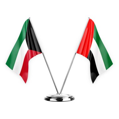 Two table flags isolated on white background 3d illustration, kuwait and united arab emirates