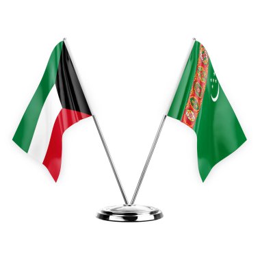 Two table flags isolated on white background 3d illustration, kuwait and turkmenistan