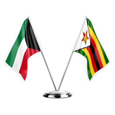 Two table flags isolated on white background 3d illustration, kuwait and zimbabwe