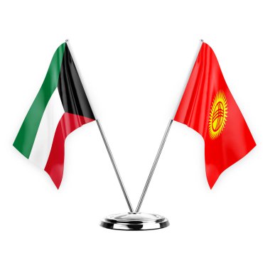 Two table flags isolated on white background 3d illustration, kuwait and kyrgyzstan