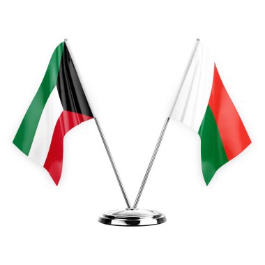 Two table flags isolated on white background 3d illustration, kuwait and madagascar