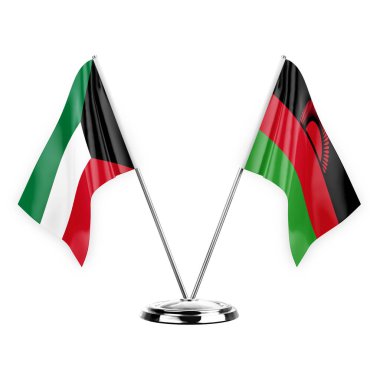 Two table flags isolated on white background 3d illustration, kuwait and malawi