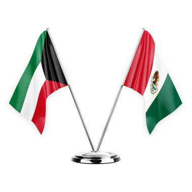 Two table flags isolated on white background 3d illustration, kuwait and mexico