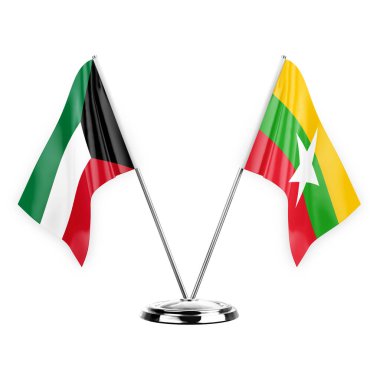 Two table flags isolated on white background 3d illustration, kuwait and myanmar