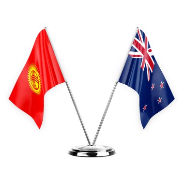 Two table flags isolated on white background 3d illustration, kyrgyzstan and new zealand