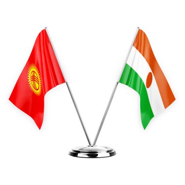 Two table flags isolated on white background 3d illustration, kyrgyzstan and niger
