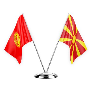 Two table flags isolated on white background 3d illustration, kyrgyzstan and north macedonia