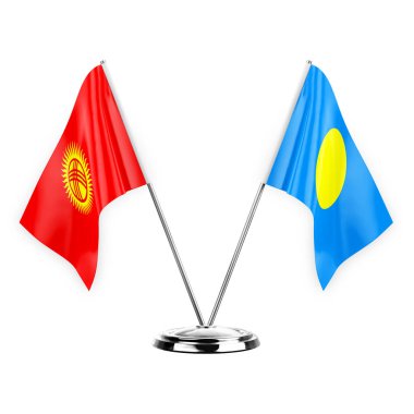Two table flags isolated on white background 3d illustration, kyrgyzstan and palau