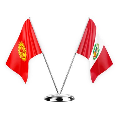 Two table flags isolated on white background 3d illustration, kyrgyzstan and peru