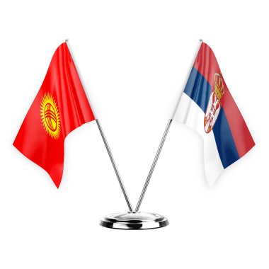 Two table flags isolated on white background 3d illustration, kyrgyzstan and serbia