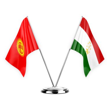 Two table flags isolated on white background 3d illustration, kyrgyzstan and tajikistan