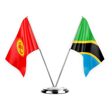 Two table flags isolated on white background 3d illustration, kyrgyzstan and tanzania