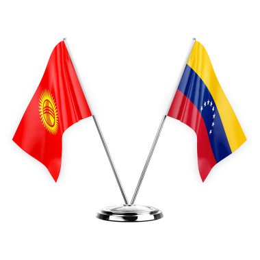 Two table flags isolated on white background 3d illustration, kyrgyzstan and venezuela