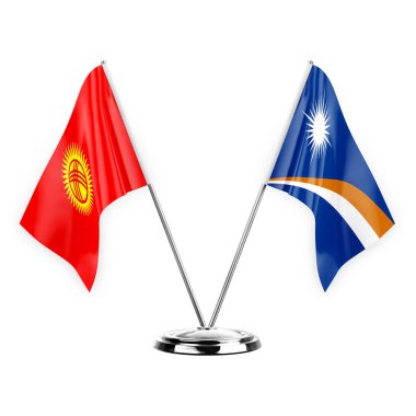 Two table flags isolated on white background 3d illustration, kyrgyzstan and marshall islands
