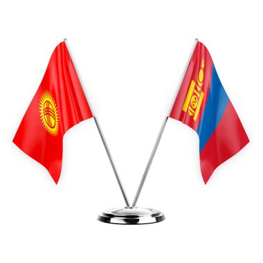 Two table flags isolated on white background 3d illustration, kyrgyzstan and mongolia