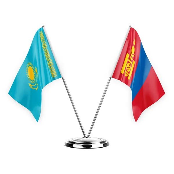 Two Table Flags Isolated White Background Illustration Kazakhstan Mongolia — Fotografia de Stock