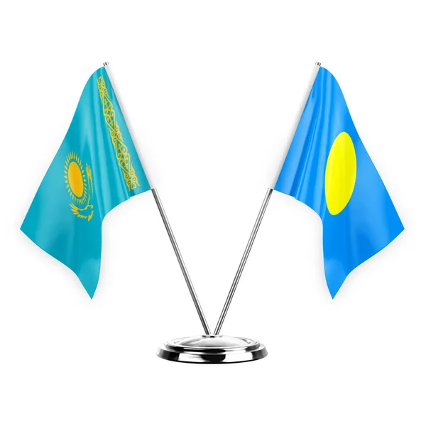 Two Table Flags Isolated White Background Illustration Kazakhstan Palau — Fotografia de Stock