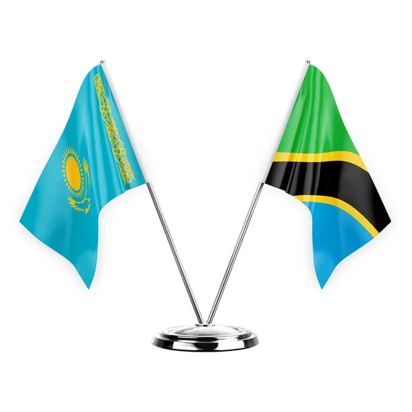 Two Table Flags Isolated White Background Illustration Kazakhstan Tanzania — стоковое фото