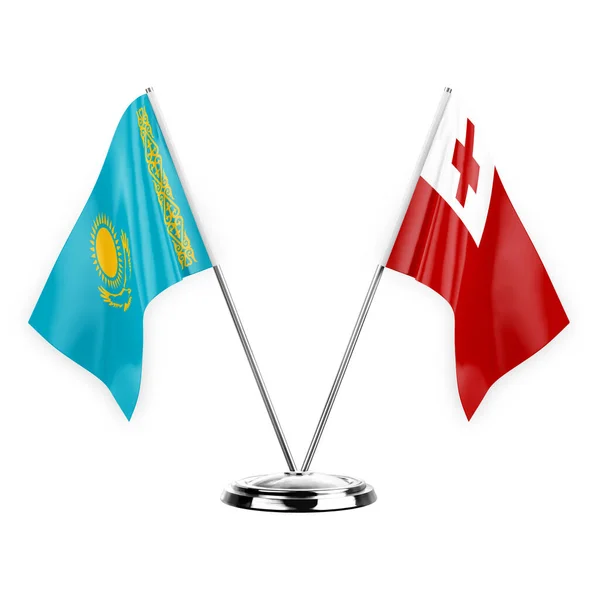 Two Table Flags Isolated White Background Illustration Kazakhstan Tonga — Zdjęcie stockowe