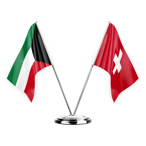 Two Table Flags Isolated White Background Illustration Kuwait Switzerland — Zdjęcie stockowe