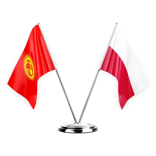 Two Table Flags Isolated White Background Illustration Kyrgyzstan Poland — Zdjęcie stockowe