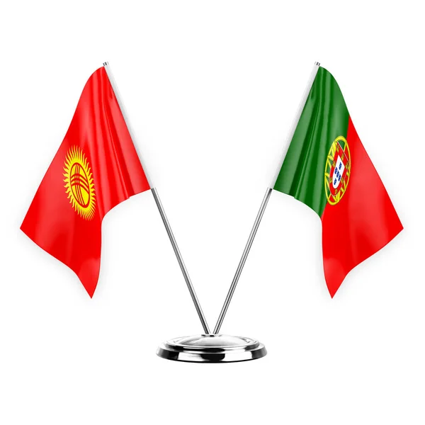 Two Table Flags Isolated White Background Illustration Kyrgyzstan Portugal — Stok fotoğraf