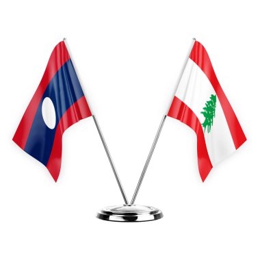 Two table flags isolated on white background 3d illustration, laos and lebanon