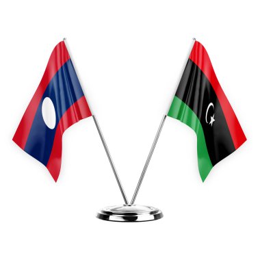 Two table flags isolated on white background 3d illustration, laos and libya