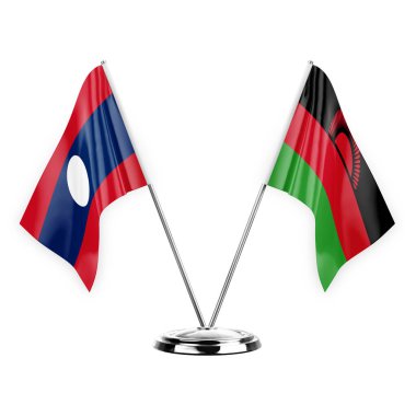 Two table flags isolated on white background 3d illustration, laos and malawi