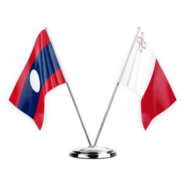 Two table flags isolated on white background 3d illustration, laos and malta