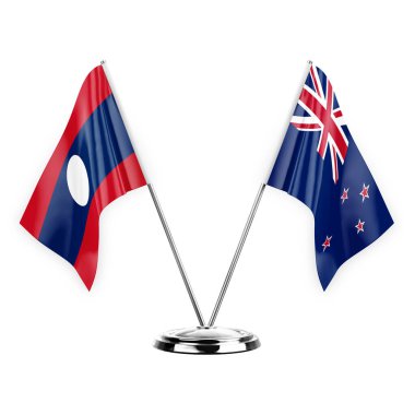 Two table flags isolated on white background 3d illustration, laos and new zealand