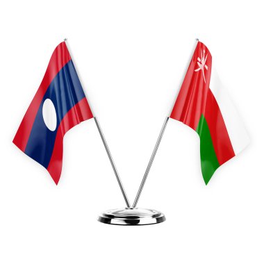 Two table flags isolated on white background 3d illustration, laos and oman