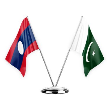 Two table flags isolated on white background 3d illustration, laos and pakistan