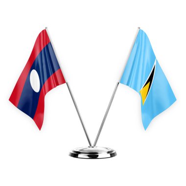 Two table flags isolated on white background 3d illustration, laos and saint lucia