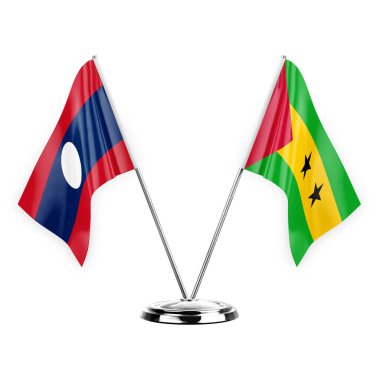 Two table flags isolated on white background 3d illustration, laos and sao tome and principe