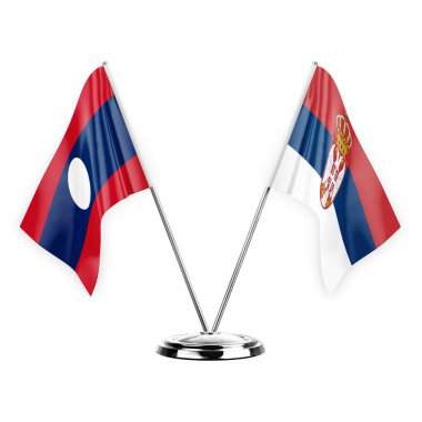 Two table flags isolated on white background 3d illustration, laos and serbia