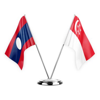 Two table flags isolated on white background 3d illustration, laos and singapore