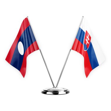 Two table flags isolated on white background 3d illustration, laos and slovakia