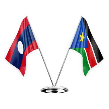 Two table flags isolated on white background 3d illustration, laos and south sudan