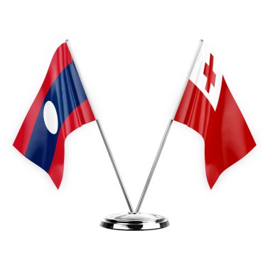 Two table flags isolated on white background 3d illustration, laos and tonga