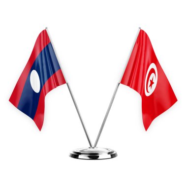 Two table flags isolated on white background 3d illustration, laos and tunisia