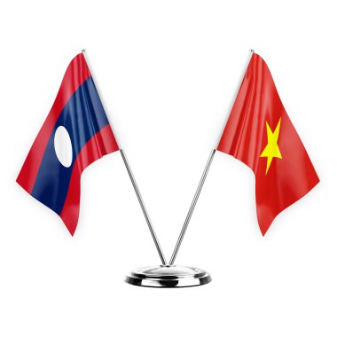 Two table flags isolated on white background 3d illustration, laos and vietnam