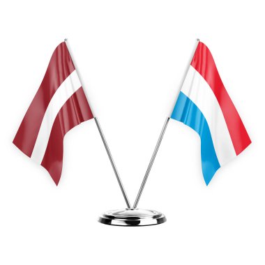 Two table flags isolated on white background 3d illustration, latvia and luxembourg