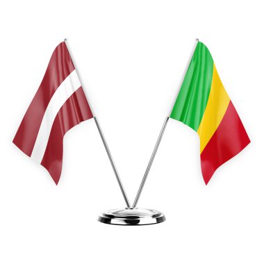 Two table flags isolated on white background 3d illustration, latvia and mali