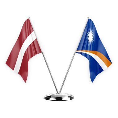 Two table flags isolated on white background 3d illustration, latvia and marshall islands